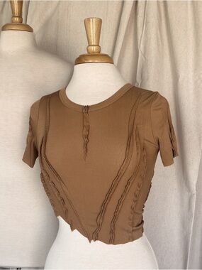 Women's Brown Ribbed Short Sleeve Top
